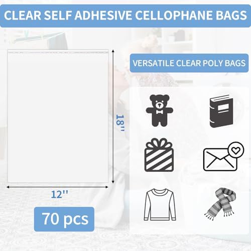 70 Pack 12x18" Clear Cellophane Bags for Shirts, Gift Wrapping, Artwork - Image 2