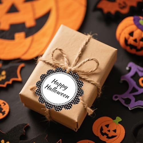G2PLUS Gift Tags with String-50PCS Round Scalloped Paper Tags 2.5inches Large Blank Hanging Labels Craft Tag Black White Polka Dots Flower Edge Gift Wrap Hangtag for Wedding, Halloween Party Favors - Image 2