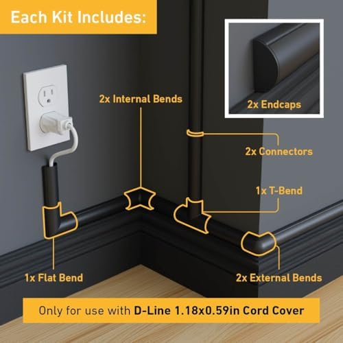D-Line Medium Cable Raceway Accessory Pack, Join 1.18in x 0.59in Cord Cover Lengths, 10 Accessories Included, Hide Cords Around a Variety of Angles - Black - Image 2