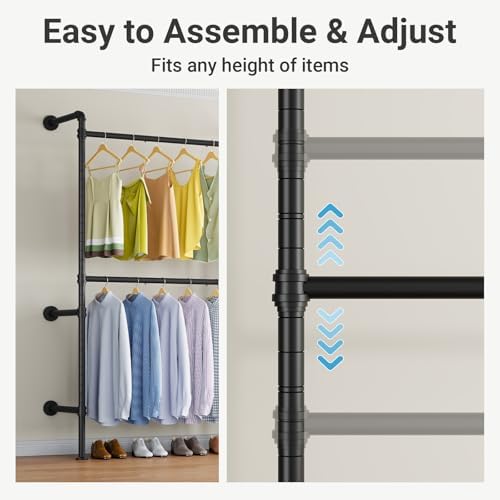Timate P2 Industrial Pipe Clothes Rack, Wall Mounted Open Closet System with 3 Hanging Rods, L-Shape & Straight Configuration Garment Rack for Closet, Bedroom, Apartment, Retail Display, Black - Image 5