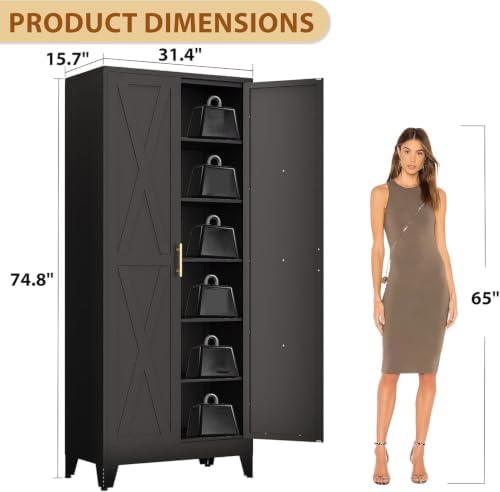 75" Metal Storage Cabinet with 2 Doors and 5 Adjustable Shelves,Black Farmhouse Kitchen Pantry Cabinet,Steel Garage Tool Cabinet,File Cabinetfor Home,Office,Dinning Living Room,Warehouse - Image 3