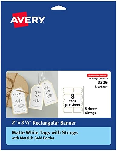 Avery Tags with Metallic Gold Borders and Strings, 2" x 3.5", 40 Total, Laser/Inkjet Printable Tags (3326) by Avery
