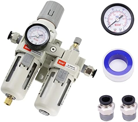RIH Pneumatics 3/8" NPT Compressed Air Filter Regulator Lubricator Combo Water/Oil Trap Separator - Gauge(0-150 psi), Semi-Auto Drain, Poly Bowl,Bracket - 3 in 1 Two Unit (3/8" NPT) by RIHRightPneumatic