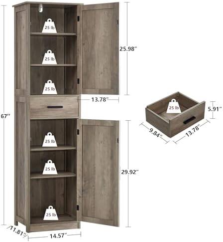 usikey 67'' Tall Storage Cabinet, Narrow Bathroom Floor Storage Cabinet with 4 Shelves & 2 Doors, for Bathroom, Living Room, Rustic Gray - Image 3