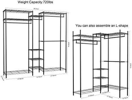 XIOFIO Heavy Duty Wire Garment Rack, Metal Clothing Rack with 4 Hanging Rods and 9 Shelves, Freestanding Open Wardrobe Organizer for Hanging Clothes , 68.5"L x 16.5"W x 76.7"H Max Load 800LBS, Black - Image 5