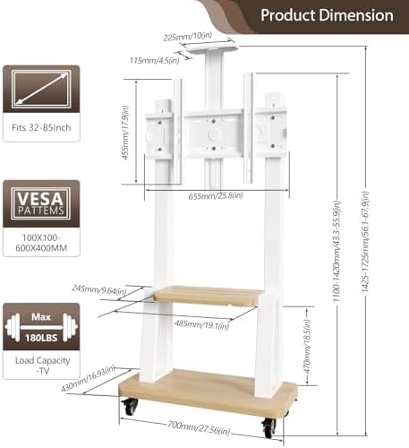 Height Adjustable Mobile TV Stand for 32-75" TVs,180 lbs White - Image 2