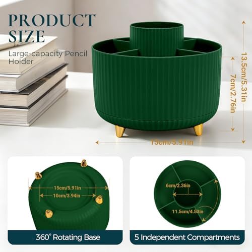 KONVINIT Pencil Pen Holder for Desk, 5 Slots 360-Degree Rotating Desktop Organizer, Cute Desk Organizers and Accessories for School, Home, Office and Art Supply, Dark Green - Image 2