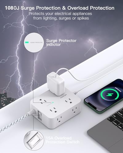 HANYCONY Surge Protector Power Strip 15 Ft Long Cord, 1080J, Flat Plug - Image 5