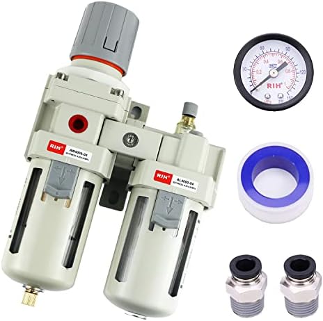 RIH Pneumatics 1/2" NPT Compressed Air Filter Regulator Lubricator Combo Water/Oil Trap Separator - Gauge(0-150 psi), Semi-Auto Drain, Poly Bowl,Bracket - 3 in 1 Two Unit (1/2" NPT) by RIHRightPneumatic