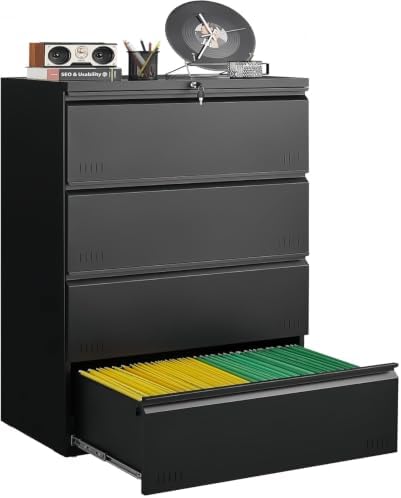 Guizeeopo Metal File Cabinet with Lock, 4 Drawer Lateral File Cabinets for Home Office, Heavy Duty Office Storage Cabinet for A4/Letter/Legal Size, Assembly Required(Black) by GUIZEEOPO