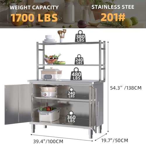 Stainless Steel Table with Cabinet, 40”x20” Kitchen Prep Table - Image 3