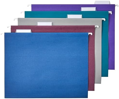 Amazon Basics Hanging File Folders with Adjustable Tabs for Document Organization, Letter Size, Assorted Jewel-Tone Colors, 25-Pack by AmazonBasics