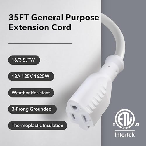 BN-LINK 35ft Outdoor Extension Cord, 3-Prong, 16 Gauge General Purpose Power Cord, Grounded Plug, White, for Landscaping & Holiday Decorations, Home & Office, 13A, ETL - Image 3