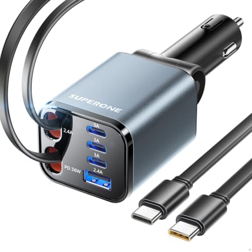 SUPERONE 6 in 1 Retractable Car Charger with Dual Type C Cables by SUPERONE