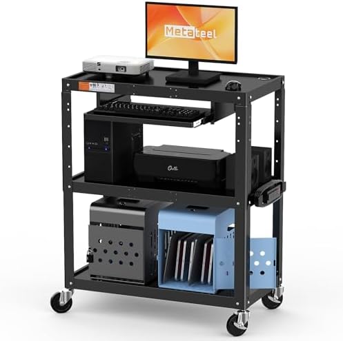 Extra-Large 3-Tier Utility Cart with Built-in Power Strip – Heavy-Duty 14-Gauge Steel Rolling Cart for Office, Workshop, or Classroom – 300 Lb Capacity (34" x 18" x 41.75") by MetaTeel