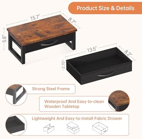 Computer Monitor Stand Riser with Drawer, 2-Tier Desk Accessories & Workspace Organizers, Laptop Stand for Desk with Storage, Office Organization, Wood - Image 6