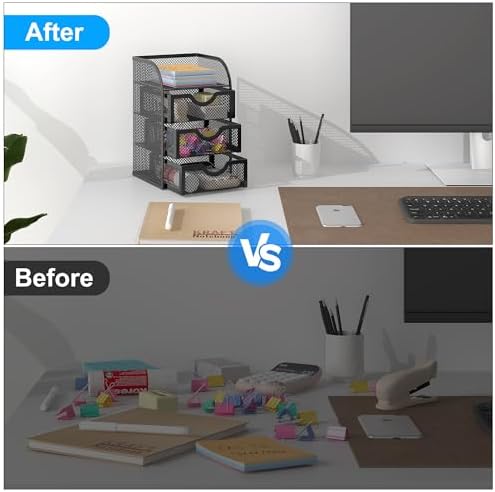 EasyPAG Mesh Desk Organizer with 3 Drawer Office Desktop Organizers and Accessories Stationery Caddy for Office, Home, Students, Black - Image 4