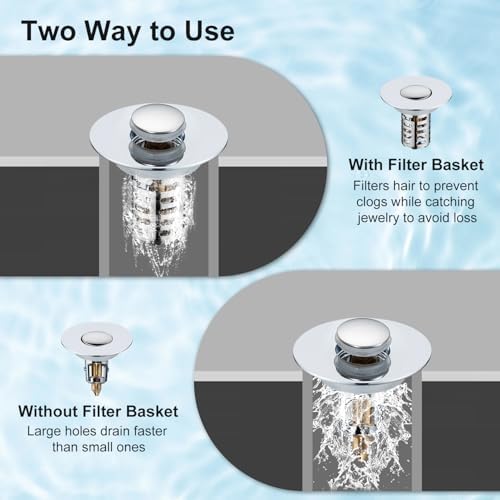 Bathroom Sink Drain Strainer, 2PCS Pop Up 3 in 1 Bathroom Sink Stopper with Removable Stainless Steel Filter Basket Drain Hair Catcher, Sink Plug for 1.1''~2.36'' Basin, Brass Bullet Core, Chrome - Image 3