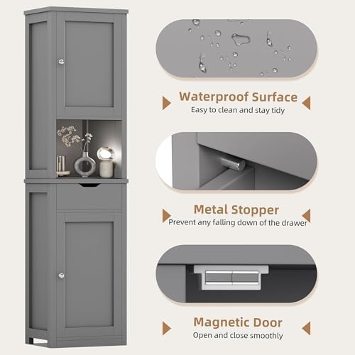 Shintenchi Tall Bathroom Storage Cabinet, Slim Corner Floor Cabinet with Doors and Drawer, Freestanding Narrow Bathroom Organizer with Adjustable Shelves for Small Space, Gray - Image 6