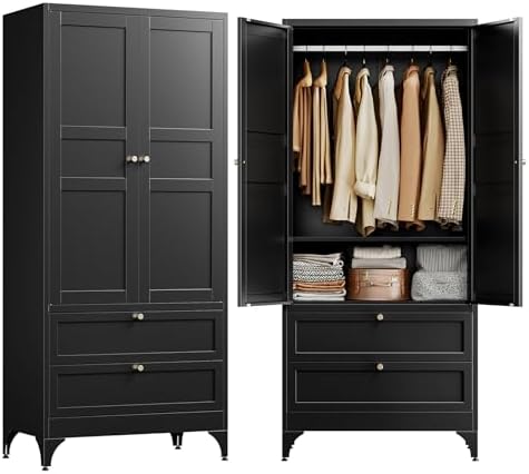 Letaya 71" Metal Wardrobe Cabinets with 2 Drawers,Steel Armoire Wardrobe Closet with Doors and Shelves,Clothing Storage Cabinets with Hanging Rod for Bedroom, Gym, Cloak Room,Black by LetayaMetalCabinets