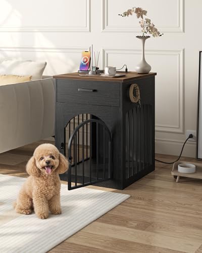CHOEZON Dog Crate Furniture, Wooden Dog Kennel with Charging Station and Storage Drawer, Indoor Pet Crate End Table for Small Breeds,Dog Cage for Living Room, Bedroom, Black and Walnut MGW01UBL - Image 2