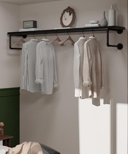Clothes Rack 60in, Wall Mounted Garment Racks with Black Solid Wood Shelf, Heavy Duty Hanging Clothes Rack, Multi-Purpose Hanging Rod, Space-Saving Closet Storage by INDUSTRIALSHELVESDESIGN