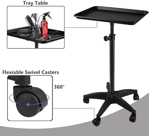 Salon Tray Cart on Wheels,Adjustable Height Rolling Tray,Aluminum Tattoo Tray,for Hair Salon,Beauty Spa,Tattoo Work Table and Hair Stylist Storage (Black) - Image 6