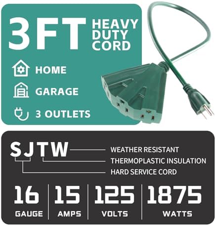 MaxWorks Heavy Duty 3-Foot Extension Cord, 16/3 SJTW, Triple Tap 3-Outlet Adapter, 125V/13A/1625W, ETL Listed, Indoor/Outdoor Use, Green (80697) - Image 3