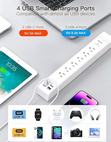 2 Pack Power Strip, 5FT Extension Cord, Surge Protector with 6 Outlets and 4 USB Ports (2 USB C), Flat Plug Overload Protection, Extension Cord with Multiple Outlets, Wall Mount for Home Dorm College - Image 4