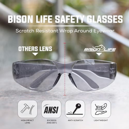 BISON LIFE Gray Safety Glasses for Men & Women, ANSI Z87.1, 6 Pack - Image 2
