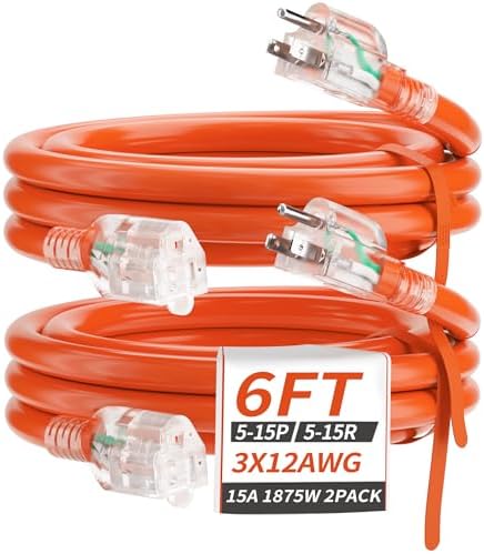 PlugSaf 6FT 2Pack 12 Gauge Extension Cord, Short Extension Cord, Orange by PlugSaf