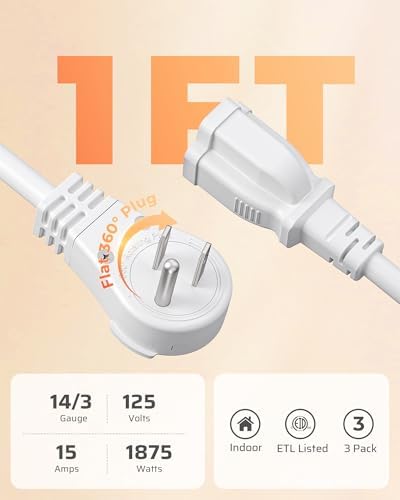 DEWENWILS 1FT 360° Rotating Flat Plug Extension Cord, 14/3 Gauge, 3 Pack - Image 6
