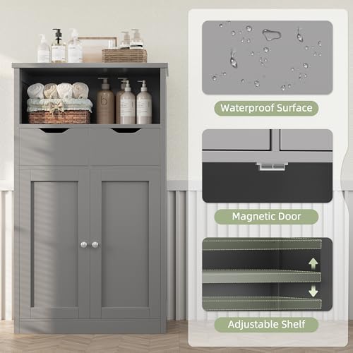 Shintenchi Floor Storage Cabinet, Bathroom Storage Organizer with Doors and Drawers, Freestanding Side Cupboard Pantry with Adjustable Shelf for Bathroom/Kitchen/Livingroom, Gray - Image 6