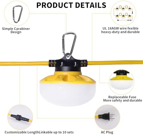 100 FT LED Construction String Lights, 90W 12600LM LED String Work Lights with 10 Bulbs & Hooks, IP65 Waterproof 6000K Industrial Grade Lighting for Renovation, Mine Cave, Job Site, Walkways - Image 2