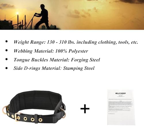 Tongue Buckle Body Belt With Waist Pad and 2 Side D-Rings Personal Protective Equipment Safety Harness | Waist Fitting Size 33'' to 47'' for Work Positioning, Restraint - Image 7