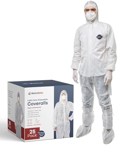 Medical Nation Hazmat Suits Disposable | 25 Pack | Light Duty Disposable Coveralls Men | With Attached Hood and Boots - Overall Protective Chemical Suit for Men & Women, Disposable Paint Suit - Medium by MEDICALNATION