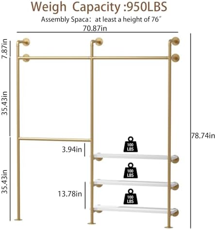 HOMEKAYT Industrial Pipe Clothes Rack with Shelves, Gold Clothing Rack Wall Mounted Heavy Duty Multi-Purpose Storage Clothes Hanging Shelf - 70.8''L Gold - Image 6