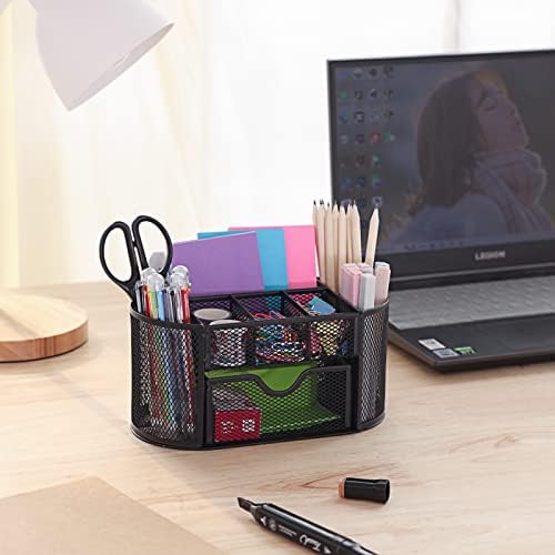 EOOUT Desk Organizer Black Mesh Pencil Holder 8 Compartments 1 Drawer - Image 6