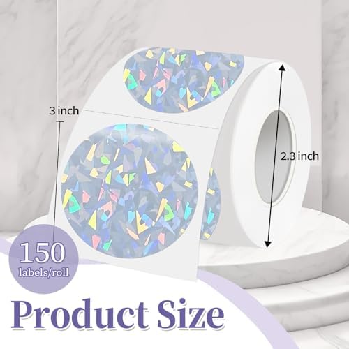 3 Inch Holographic Thermal Labels,Round Thermal Printer Labels,Waterproof Thermal Printer Stickers for DIY Logo Design,Name Tag,QR Code,Thanks Card 150 Labels/Roll (Glass Fragments) - Image 2