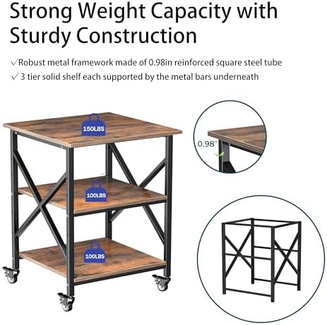 Printer Stand, 23.6 x 23.6 Inches Large Printer Stand with Adjustable Storage Shelf, 3 Tier Printer Table for Home Office, Rolling Printer Cart with Industrial Wheels, Mini Fridge Stand Table, Vintage - Image 2