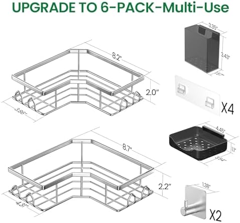 Adhesive Shower Caddy, 6 Pack Corner Bath Organizer, Rustproof Stainless Steel Shower Shelves with Large Capacity, No Drilling Shelves for Bathroom Storage, Home, Kitchen Decor (Silver). - Image 2