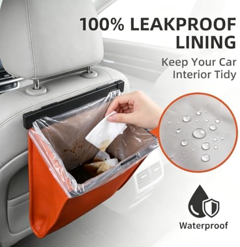 Magnetic Car Trash Can, Leakproof PU Leather Car Garbage Bin, Waterproof Vehicle Waste Basket, Foldable Multi‑Purpose Car Storage Organizer, Universal for Car Truck SUV Van (Orange) - Image 4