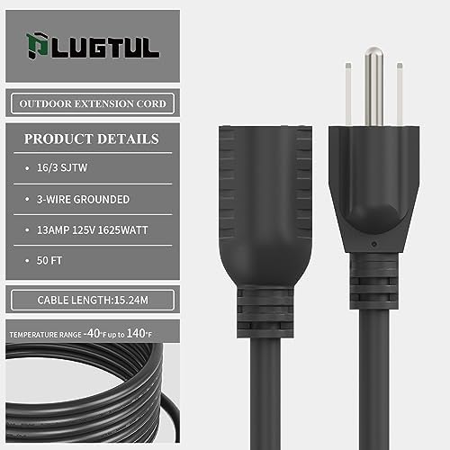 PLUGTUL Outdoor Extension Cord 50 FT | 16/3 Gauge Black Heavy Duty 3 Prong Extension Cord, 13A 1625W SJTW, ETL Listed, Great for Garden and Home - Image 3