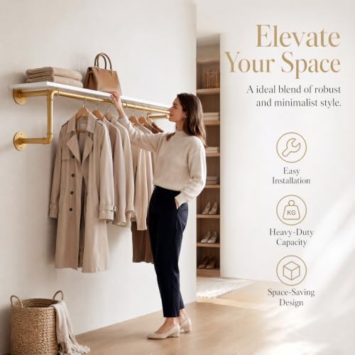 36 Inch Industrial Pipe Clothing Rack with Shelves, Gold Wall Clothes Racks - Image 2