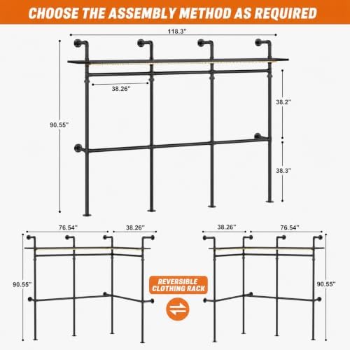 Besiost 118" Industrial Pipe Clothing Rack with RGB LED Lights, Heavy Duty Wall Mounted Closet System with Shelves, Reversible L-Shaped or Straight Garment Rack for Walk-in Closet & Bedroom, Black - Image 2