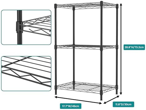 IZEUK 3 Tier Metal Wire Shelving Rack Storage Shelves for Kitchen, Bedroom, Living Room or Laundry Room, Black, 17.7" W x 11.8" D x 28.8" H - Image 3