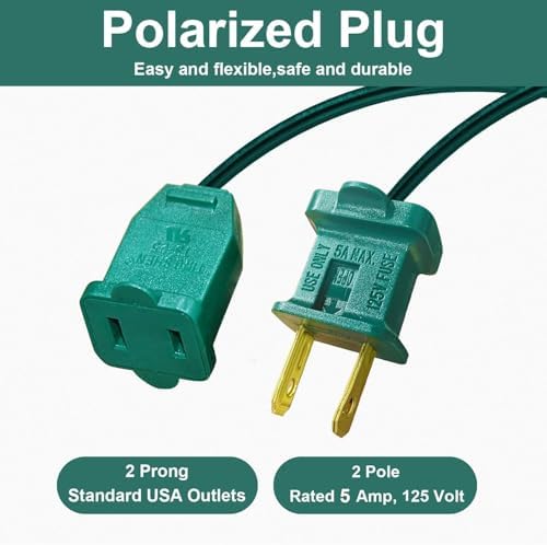 3 Pack 2 Prong Polarized Extension Cord Green Extension Cord 6 Feet with Stackable Unpolarized Plug, 5A 120V 432W, for Connect/Extend Indoor Outdoor Christmas Lights String (18 Feet) - Image 3