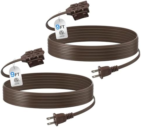 BN-LINK 9ft Indoor Extension Cord, 2 Pack, 3-Outlet Polarized Flat Cable, Household Power Cord for Home, Office, and Holiday Decorations, Brown by BN-LINK