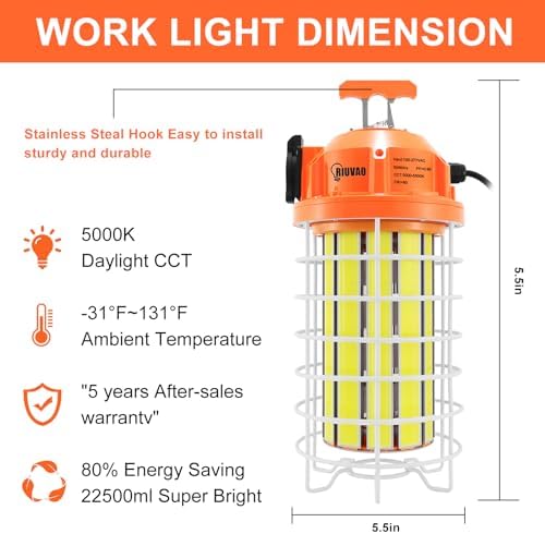 RIUVAO 150w Led Temporary Work Light, Super Bright 27250LM Construction Light Daylight White High Bay,with Hook Portable Link-able Durable LED Job Site Lighting for Indoor and Outdoor Area Lighting - Image 2
