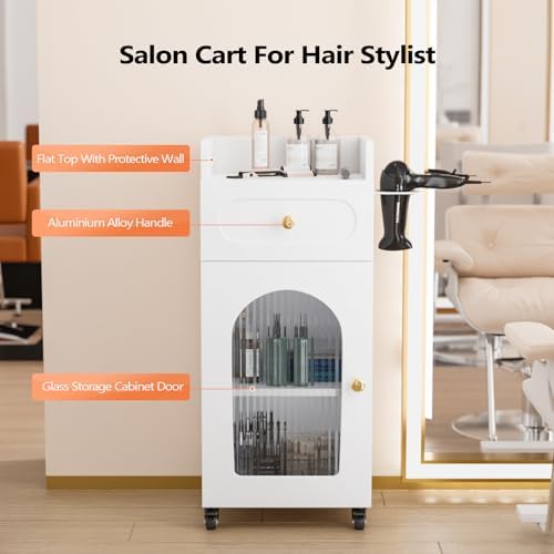 Salon Cart with Wheels, 3 Tier Rolling Beauty Trolley for Hair Stylist, Barber, Esthetician, Storage Cabinet w/Glass Door & Dryer Holder & Adjustable Shelf, Mobile Station for Spa,Tattoo (White) - Image 3